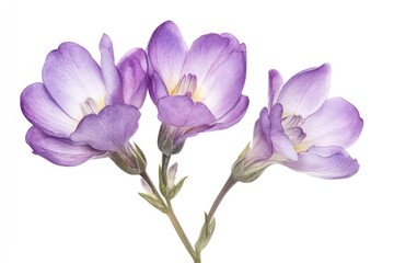 A botanical watercolor art piece showcasing three elegant freesia flowers in shades of purple, isolated on white.