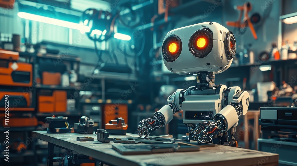 Poster Self-repairing robot assembly in a futuristic workshop technology exploration advanced robotics high-tech environment mechanical innovation