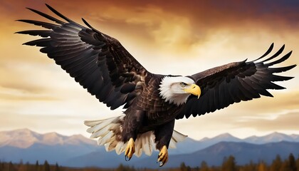 Naklejka premium Majestic Bald Eagle in Flight: Dramatic Sunset Landscape