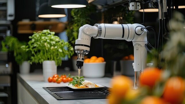 Robot chef cooking gourmet meals in a modern kitchen culinary innovation high-tech environment futuristic cooking techniques