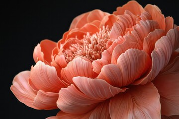 A close-up 3D rendering of a pink peony flower blooming and closing, with intricate petal details against a black background.
