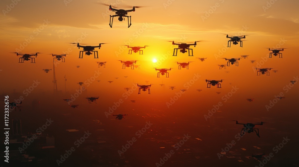 Leinwandbilder Deploying advanced drone swarm technology in tactical operations enhancing military effectiveness in urban environments