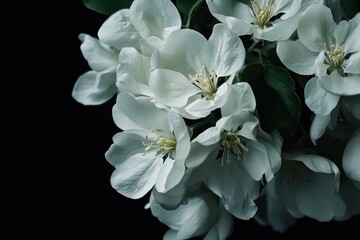 A close-up timelapse capture of white apple flowers blooming on a black background, showcasing their intricate beauty.