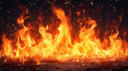Fototapeta premium Fire flames rising and moving at dark night in dark blurred background. Camping fire suitable backdrop