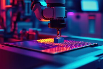 A futuristic visualization of a semiconductor production line, with a robotic arm extracting a silicon die from a wafer under controlled lighting.