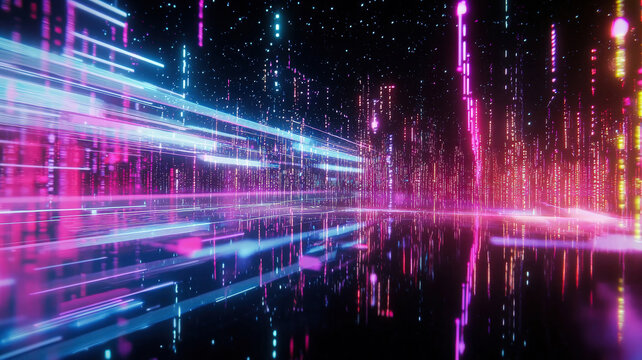 A high-tech scatter plot featuring glowing data points connected by thin neon trails, displayed on a reflective holographic background, enhancing the visual appeal and data clarity.