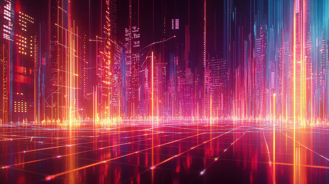 A high-tech scatter plot featuring glowing data points connected by thin neon trails, displayed on a reflective holographic background, enhancing the visual appeal and data clarity.