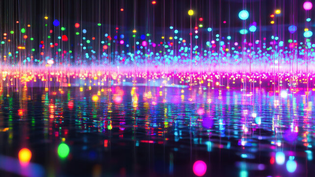 A high-tech scatter plot featuring glowing data points connected by thin neon trails, displayed on a reflective holographic background, enhancing the visual appeal and data clarity.