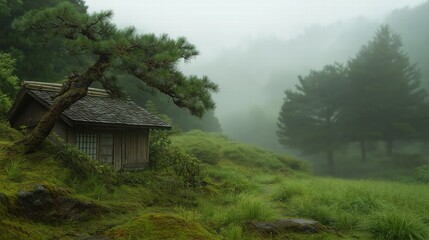 Misty Landscape with Traditional House and Pine Tree