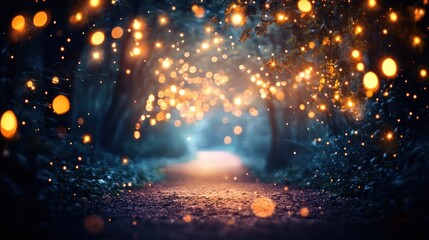 Magical forest path at night with glowing lights.