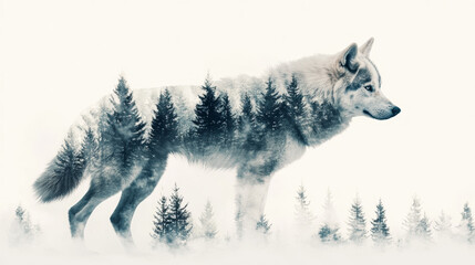 Obraz premium dreamy watercolor double exposure of wolf with forest trees