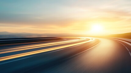 Scenic Sunset on Curved Road with Light Trails and Soft Horizon
