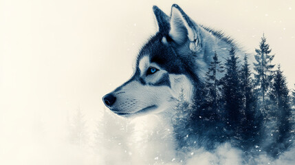 Naklejka premium dreamy watercolor double exposure of wolf and forest scenery