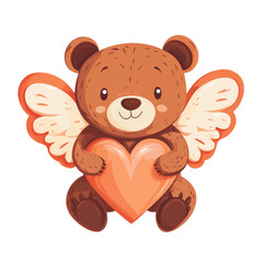 Obraz premium Cute Cartoon Teddy Bear with Angel Wings Holding a Heart - Adorable Illustration for Valentine's Day and Children's Themes