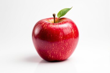 Fresh red apple with a green leaf, close-up view, placed on a white background. Concept of healthy eating, freshness, and nutrition. Ai generative