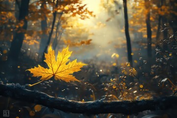 A crisp and bright yellow maple leaf on a branch, highlighted against a glowing, sunlit forest.