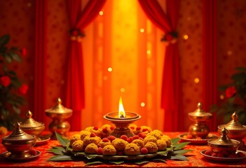 Naklejka premium Radiant Festive Setting with Traditional Sweets and a Glowing Lamp