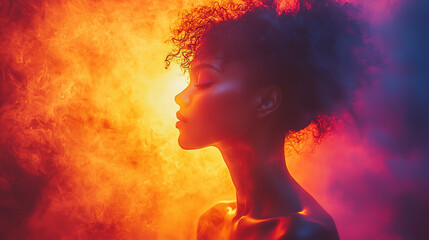  Silhouette of a person or object against a bright, intense light source, creating dramatic contrast with a colorful gradient background, symbolizing shadow and light in human experience
