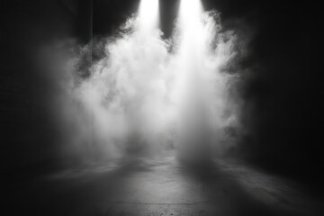 Fototapeta premium A dense layer of white fog creeping along the floor of a dark, moody studio.