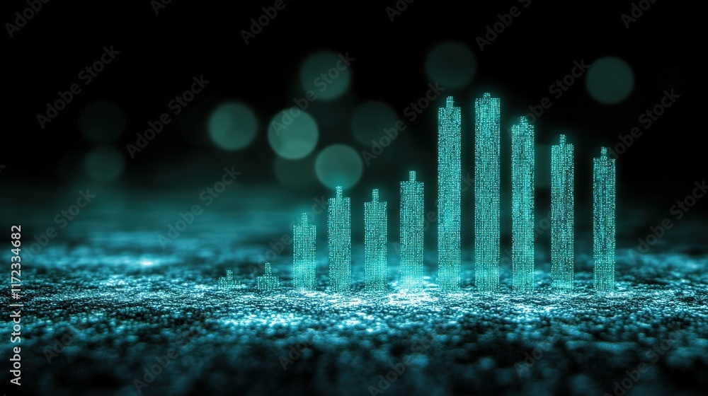 Poster digital financial graph with bright bokeh effect in dark background