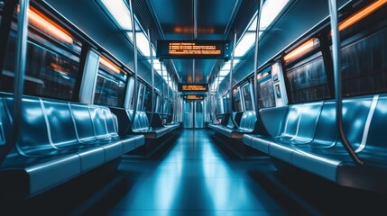 Obraz premium A modern subway interior with empty seats and illuminated signage.