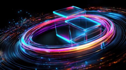 Abstract glowing cubes surrounded by vibrant swirling light trails.