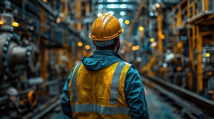 Worker in industrial setting, focused on tasks.