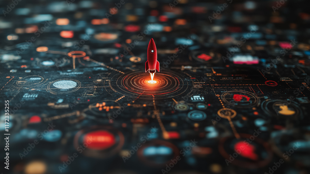 Poster red rocket launch into digital innovation: a red rocket ship blasts off amidst a swirling vortex of 