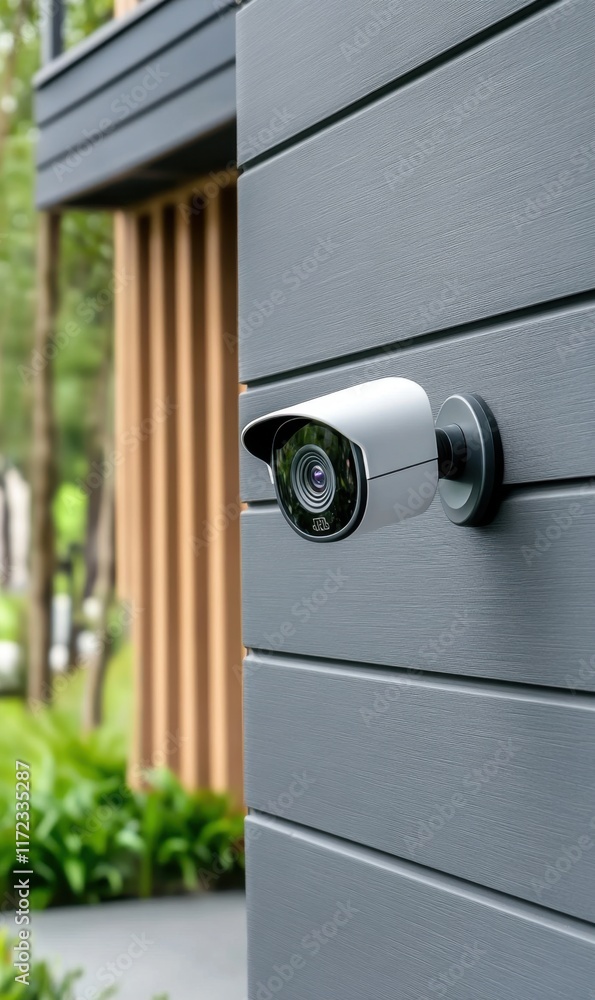 Poster modern security camera installed on outer wall of contemporary home with greenery in background