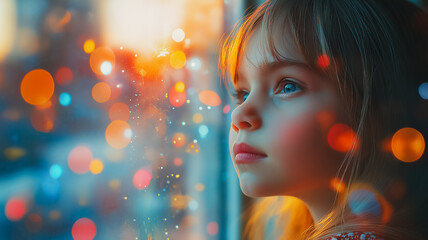 Child's Wonder: A little girl gazes out a rain-streaked window, her face illuminated by the warm glow of colorful city lights, a captivating portrait of childhood innocence and dreams. 