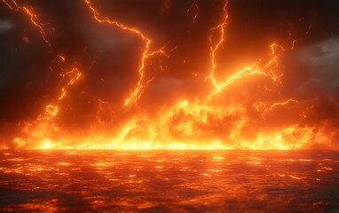 Fototapeta premium Fiery inferno erupting from stormy clouds reflected on water.