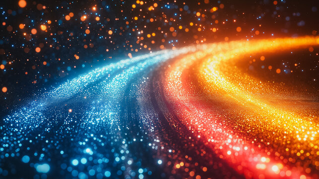 Cosmic Trails of Light: Abstract artwork featuring vibrant, swirling trails of blue, orange, and red light against a dark background, resembling celestial pathways or energy streams. - Powered by Adobe