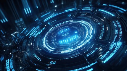Futuristic digital interface with glowing blue elements and circular design.