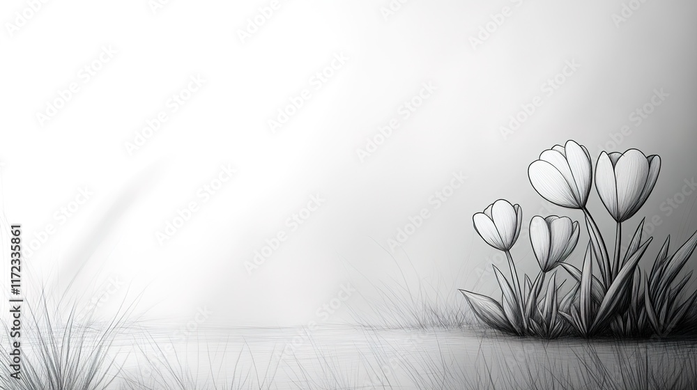 Poster delicate line art of tulips with soft background in monochrome