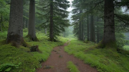 Fototapeta premium Serene Forest Path in Misty Landscape
