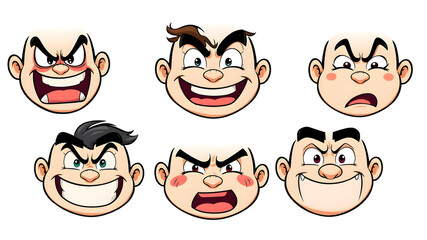 Fototapeta premium Six different faces with varying expressions, including angry, happy, and sad