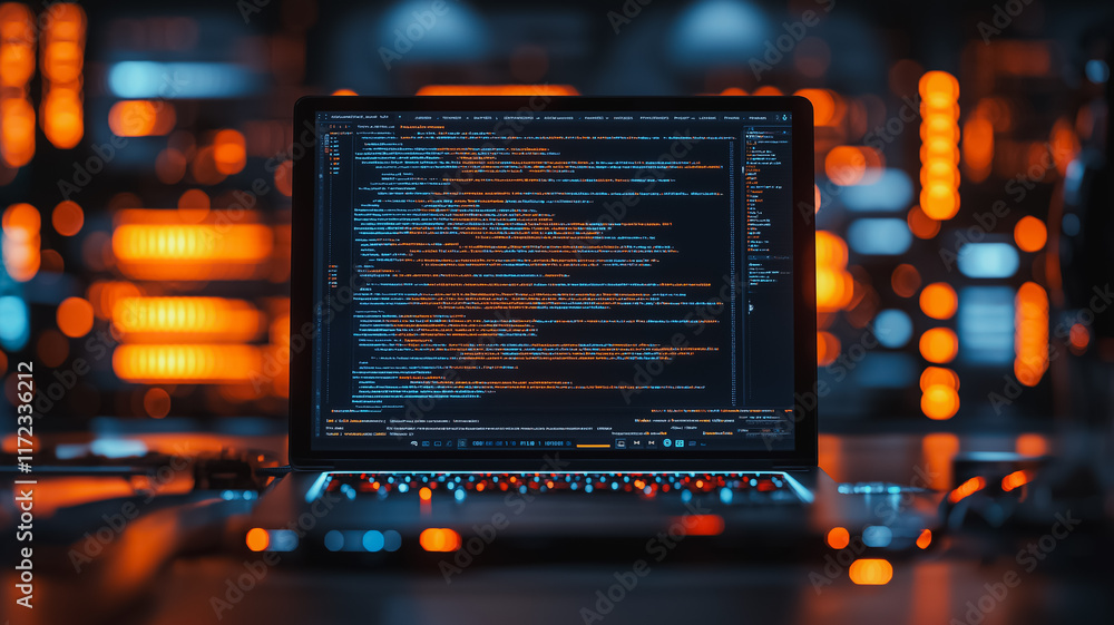 Poster code in the neon glow: a laptop screen illuminates with a stream of code, bathed in the mesmerizing 