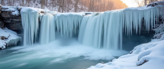 Serene Winter Wonderland: Majestic Waterfalls Framed by Ice and Snow in Tranquil Nature Scene