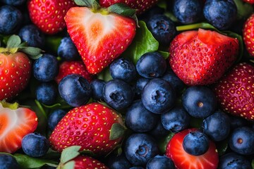 Obraz premium Freshly Picked Strawberries and Blueberries Arranged With Green Leaves for a Vibrant Summer Display