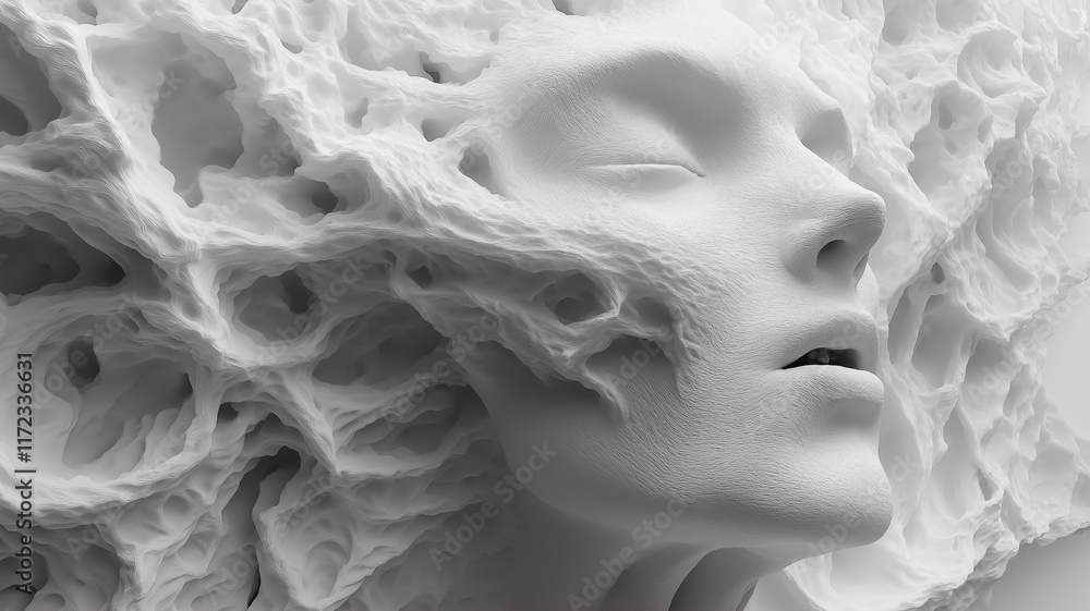 Poster sculptural enigma: serene face emerging from abstract forms