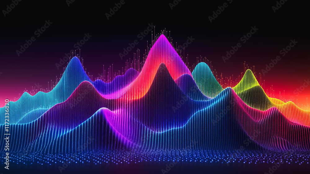 Poster vibrant data landscape: abstract digital landscape with colorful, glowing peaks representing data vi