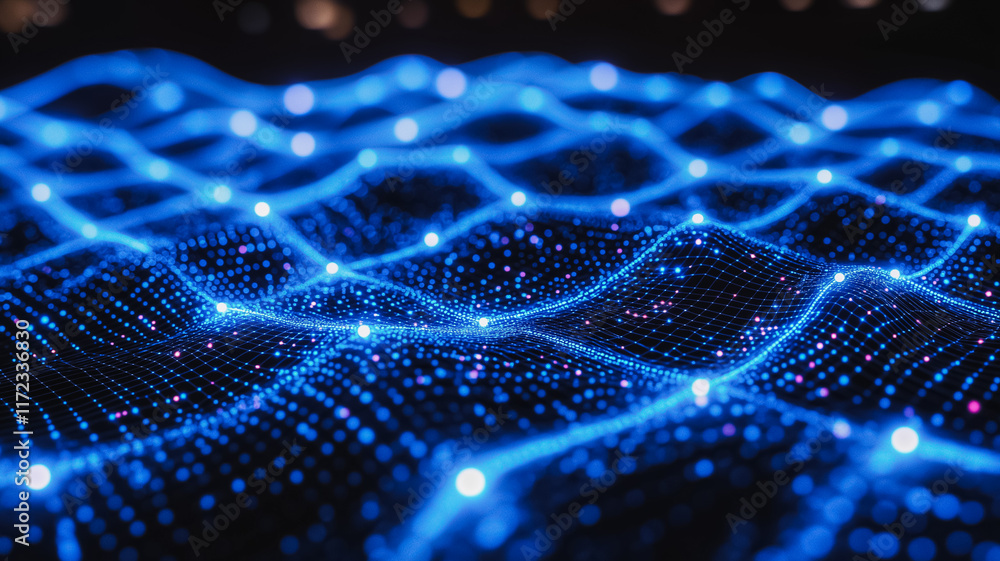 Poster digital wave: abstract blue glowing particles forming a dynamic wave pattern, perfect for technology