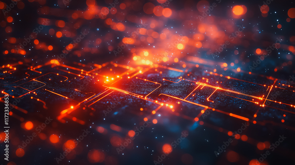 Aufkleber cybernetic circuitry: glowing, futuristic keyboard with vibrant red and blue energy pulses, creating