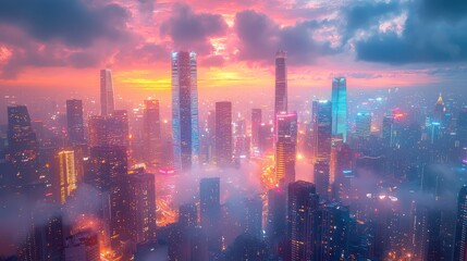 Fototapeta premium Vibrant city skyline at sunset with fog.