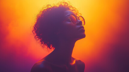  Silhouette of a person or object against a bright, intense light source, creating dramatic contrast with a colorful gradient background, symbolizing shadow and light in human experience

