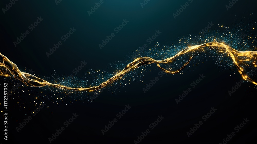 Poster glowing flow of golden light with sparkles in dark background