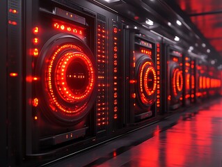 Futuristic red-lit server room interior.