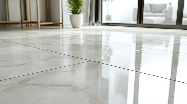 Modern living room, shiny marble floor, reflecting light, interior design.