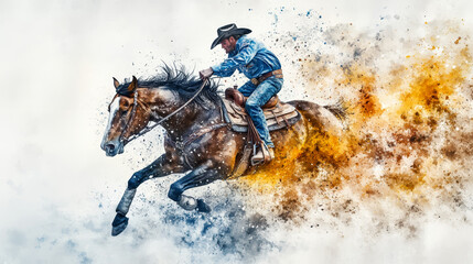 dynamic watercolor painting of cowboy riding horse, showcasing action and energy