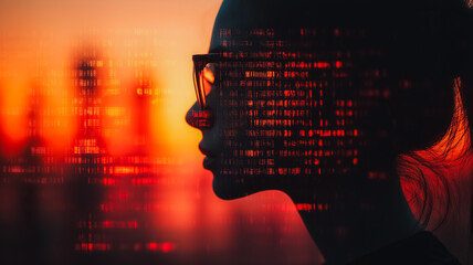 Code as Identity: A woman's silhouette is overlaid with a stream of digital code, creating a powerful visual representation of the merging of humanity and technology.
